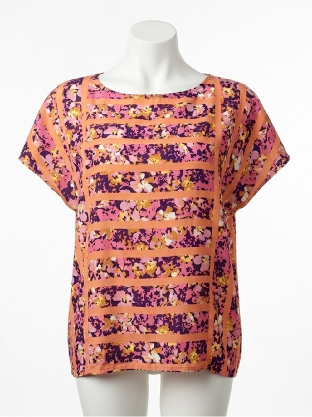 LOFT Floral Striped Short Sleeve Blouse Boho Geometric Summer Top Pink Orange S